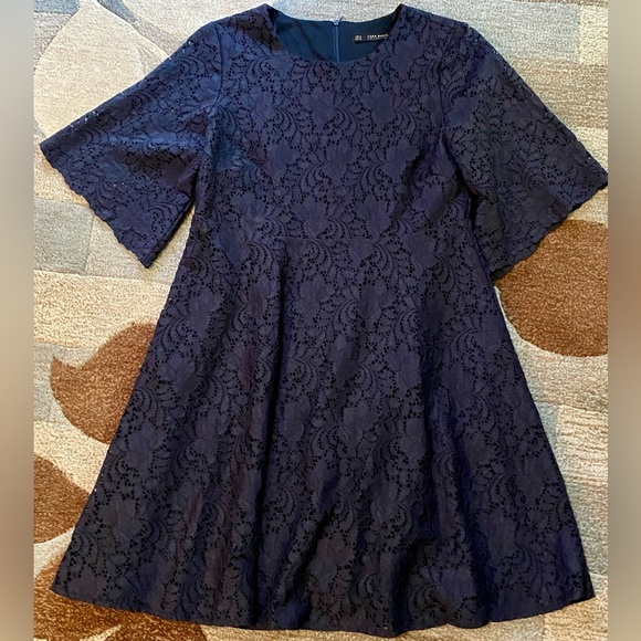 Zara Navy Embroidered Lace A-line Mini Dress - Picture 2 of 6